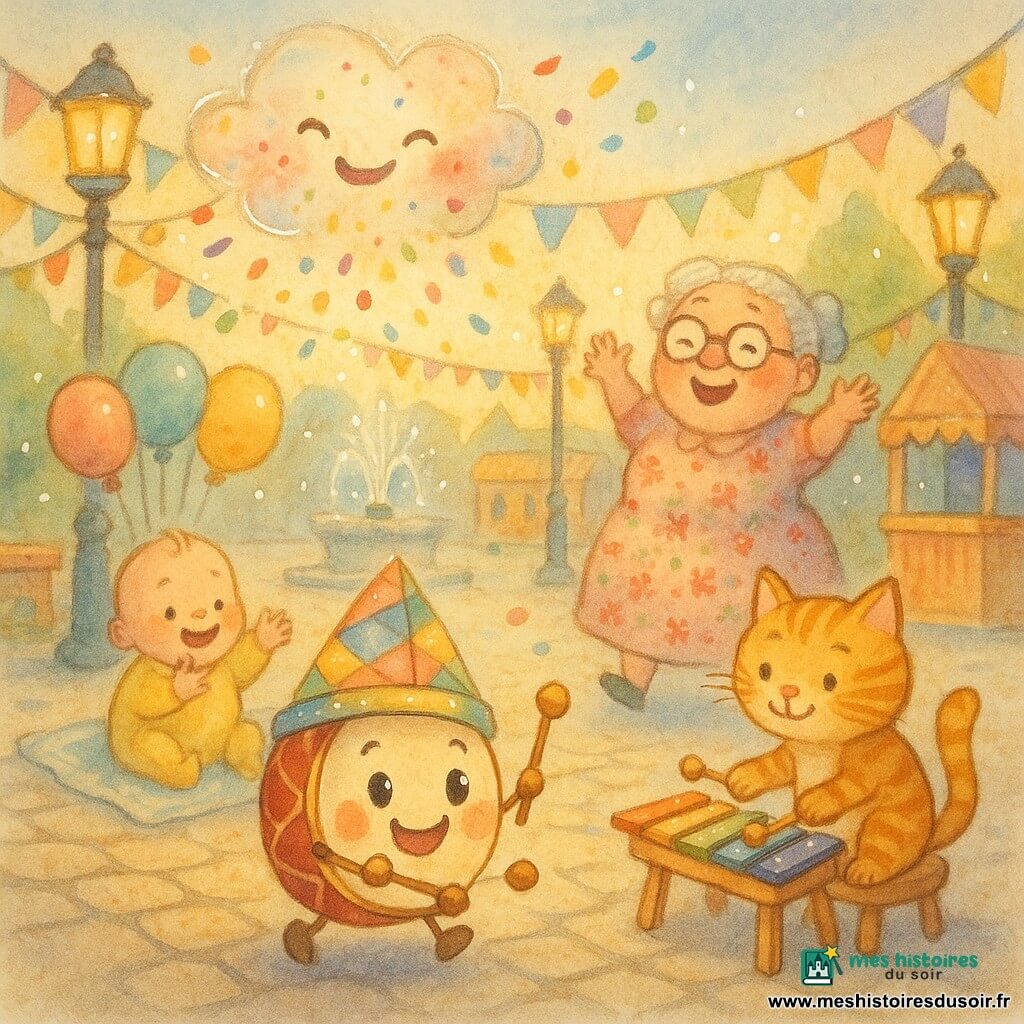 Petit tambour rouge et doré au visage souriant roule sur la place en battant un rythme avec deux baguettes ; un chat roux assis joue du xylophone à droite ; une grand‑mère en robe fleurie sourit en arrière‑plan, mains levées ; un bébé en grenouillère jaune applaudit près d’un bouquet de ballons ; un nuage de confettis multicolores vole au‑dessus, envoyant des papiers qui tombent ; la place pavée est décorée pour le carnaval avec guirlandes, ballons, stands en bois et une fontaine scintillante, lumière douce de fin d’après‑midi, ambiance joyeuse et colorée, composition simple pour tout‑petits.