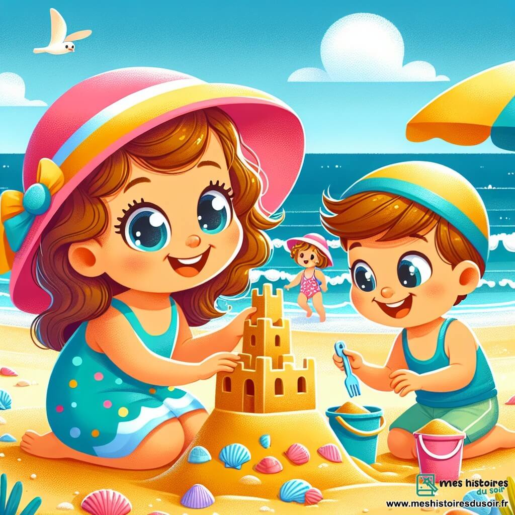 Une petite fille d'un an, aux grands yeux brillants et aux cheveux bouclés châtains, sourit en jouant dans le sable doré de la plage. Elle porte un maillot de bain coloré et un chapeau rose. À côté d'elle, sa maman, d'environ 30 ans, avec des cheveux longs et lisses, porte un chapeau bleu et un maillot assorti. Elles construisent un château de sable, riant et ajoutant des coquillages. Le décor est une plage ensoleillée avec des vagues douces, des parasols colorés et des enfants jouant au loin. Lila et sa maman construisent un grand château de sable, aidées par un petit garçon nommé Tom.