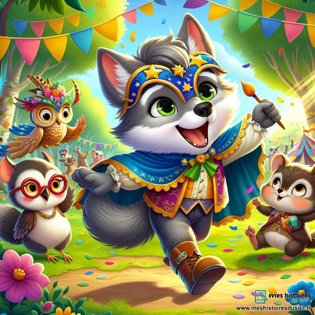 Illustration d'un petit loup joyeux avec un pelage gris et des yeux pétillants, portant une cape bleue ornée d'étoiles et un masque coloré, dansant dans une clairière animée. À ses côtés, un hibou aux plumes brunes et blanches, avec des lunettes, sourit en l'observant, tandis qu'une petite souris grise, tenant un pinceau, admire son costume. La clairière ensoleillée est entourée d'arbres verts et de guirlandes de fleurs colorées, où des animaux déguisés dansent autour d'un feu de joie. Le loup célèbre le carnaval de la forêt, entouré de ses amis, sous une pluie de confettis colorés.