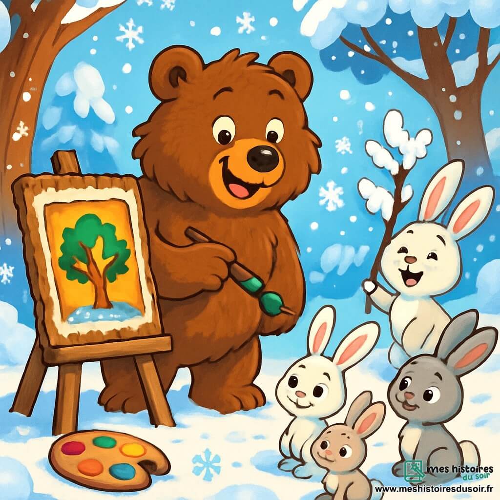 Un grand ours brun nommé Boris, au pelage doux et ébouriffé, se tient joyeusement au centre de la scène, peignant sur une toile d'écorce d'arbre, entouré de flocons de neige scintillants. À ses côtés, un groupe de petits lapins aux pelages blancs et gris, avec de grands yeux curieux, s'agitent avec enthousiasme. L'un d'eux, Léon, tient une branche couverte de neige, souriant fièrement, tandis que les autres l'observent avec admiration. La scène se déroule dans un parc enchanté, où des arbres majestueux sont recouverts de neige, créant une atmosphère magique. Boris, inspiré par la beauté de l'hiver, crée une œuvre d'art colorée tout en jouant avec ses amis dans la neige.