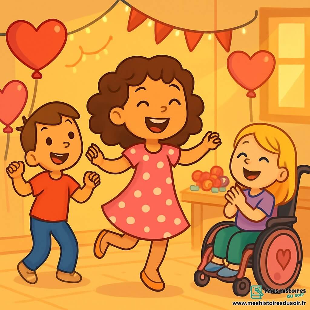 Il y a trois personnages : Lila, une fille de 8 ans aux cheveux bouclés et bruns, dansant joyeusement dans une robe rose à pois blancs ; Zoé, une fille de 8 ans aux cheveux lisses et blonds, assise dans un fauteuil roulant décoré de cœurs, riant et applaudissant Lila, vêtue d'un t-shirt violet avec un cœur ; et un garçon de 7 ans aux cheveux châtains, portant un t-shirt rouge, qui danse à gauche de Lila. La scène se déroule dans une salle chaleureuse, décorée de ballons en forme de cœurs et de guirlandes scintillantes, avec une grande table remplie de bonbons et de peluches. Lila et ses amis célèbrent la Saint-Valentin en dansant et en riant, exprimant leur amitié.