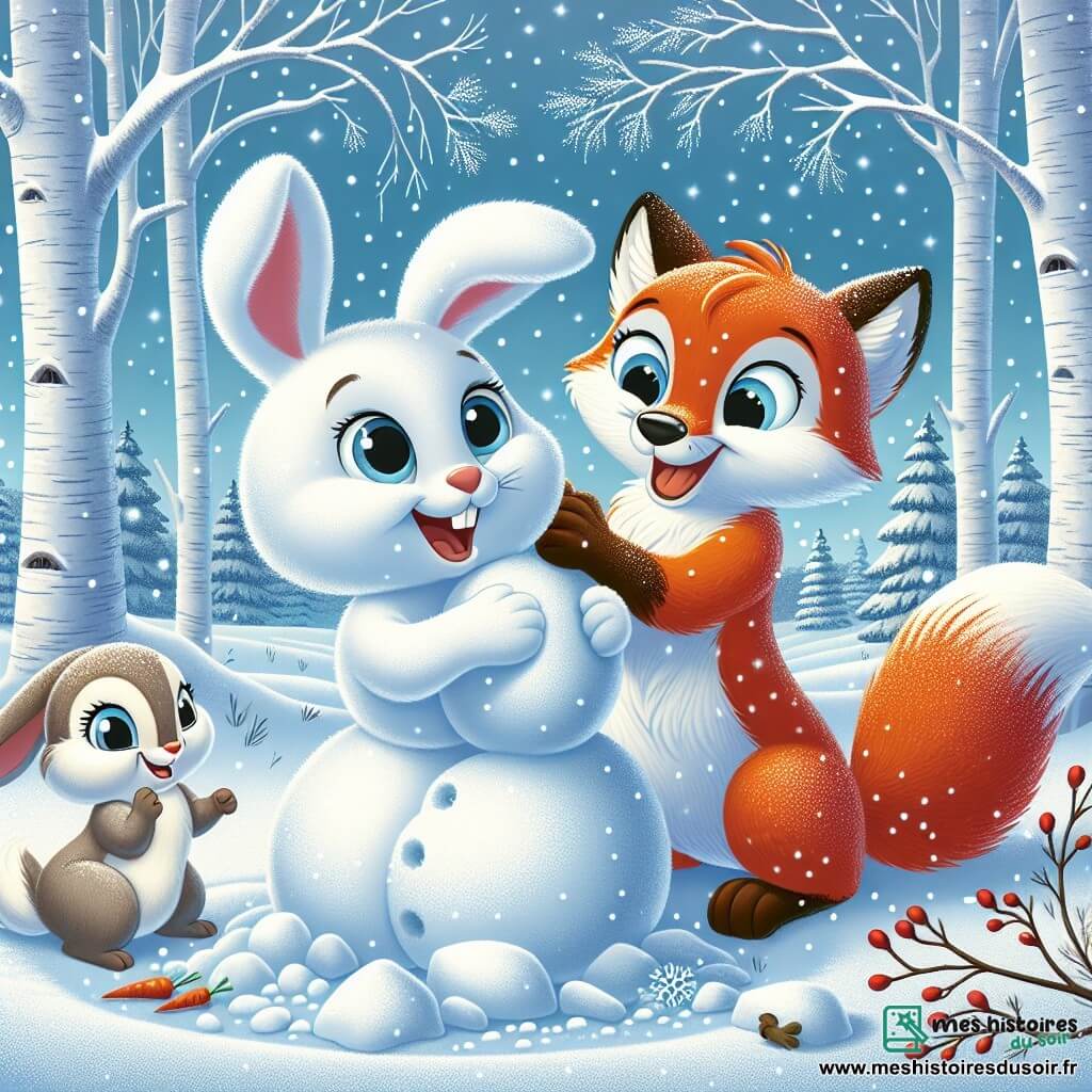 Dans une clairière enneigée, un petit lapin blanc nommé Flocon construit un bonhomme de neige, affichant un sourire radieux. À ses côtés, Mistral, un renard au pelage roux, l'observe avec amusement, prêt à l'aider. Noisette, un écureuil aux poils bruns, grimpe sur une branche pour apporter des baies, souriant. La clairière est entourée de bouleaux blancs, et le sol est recouvert de neige immaculée. Flocon et ses amis s'amusent à ajouter des détails à leur bonhomme de neige, créant une œuvre hivernale joyeuse.