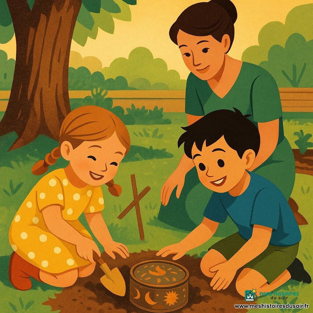 Une fillette joyeuse de 4 ans en nattes et robe jaune à pois gratte la terre avec une petite pelle pour sortir une boîte ronde en métal décorée de lunes et de soleils, un peu rouillée et faiblement brillante, tandis qu'un garçon d'environ 5 ans (Nino), souriant, aide à côté et admire la découverte; leur mère trentenaire, cheveux en chignon et robe verte, se tient en retrait, mains sur les genoux, regard bienveillant; scène en extérieur dans un grand jardin au soleil du soir avec herbe fraîche, un arbre aux racines apparentes, un potager humide et une terrasse en bois avec un vieux panier à pique-nique, ambiance de partage et de calme, couleurs chaudes et formes géométriques stylisées évoquant l'art déco.