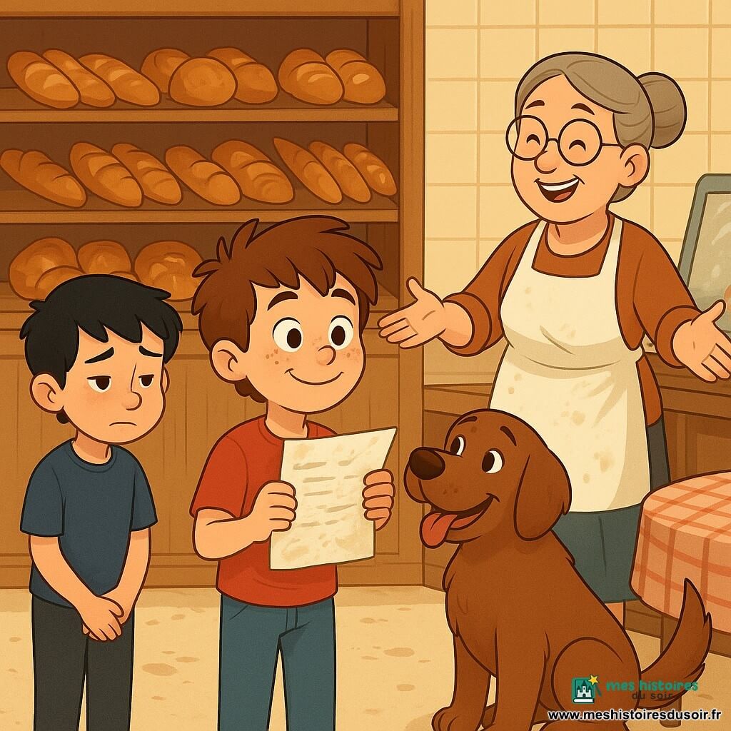Lucas, ~10 ans, visage rond et taches de rousseur, cheveux châtain en bataille, expression fière et soulagée, tient une pochette de recettes froissée et poudrée de farine près du comptoir ; Max, grand chien brun au poil doux, regarde la pochette à leurs pieds ; Julien, ~11 ans, air honteux mais soulagé, cheveux noirs courts, se tient en retrait à gauche, mains jointes et regard baissé ; Madame Lefèvre, femme d'environ 50 ans au visage chaleureux, lunettes rondes et tablier blanc taché de farine, ouvre les bras avec un grand sourire reconnaissant derrière le comptoir d'une petite boulangerie aux étagères de pains dorés, vitrine avec traces de farine et petite table ronde à nappe à carreaux ; situation : restitution des recettes secrètes, ambiance lumineuse et cosy, quelques traces de pas en farine au sol ; style : couleurs chaudes et contrastées, lignes rondes et nettes, textures de farine et de pain détaillées, composition centrée sur la pochette et les visages joyeux.