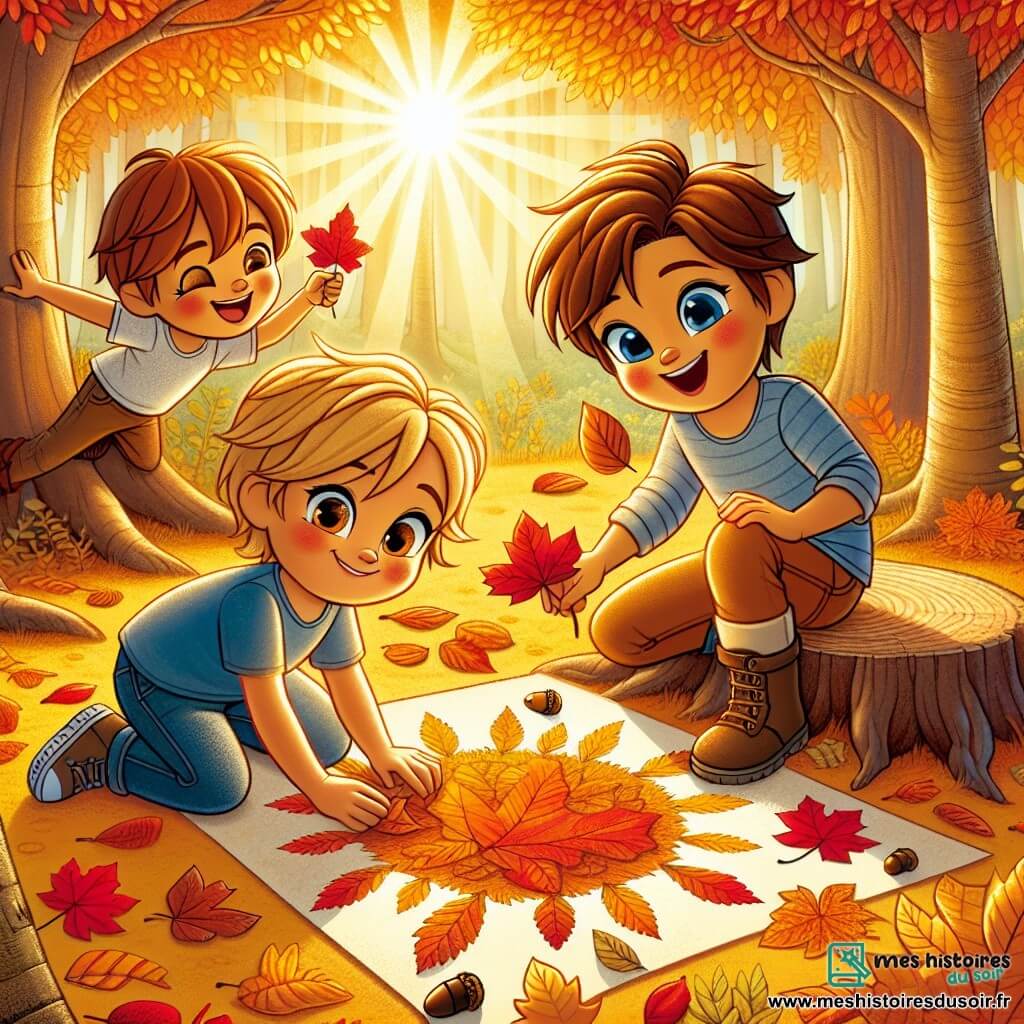 Dans une forêt dorée d'automne, trois amis sont réunis. Léo, 7 ans, est assis sur une racine d'arbre, tenant une feuille rouge. Max, 6 ans, colle des feuilles sur un papier à côté de lui. Téo, 5 ans, se tient derrière, riant et tenant un gland. La forêt est remplie d'arbres aux feuilles flamboyantes, et des rayons de soleil créent des ombres dansantes. Ils créent un collage d'automne avec des feuilles colorées pour représenter un grand soleil, riant et s'amusant ensemble.
