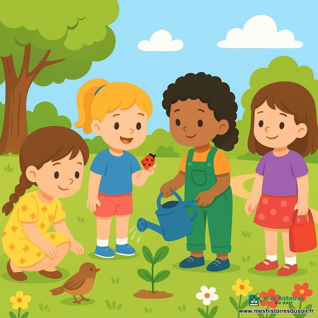Quatre enfants explorent un parc verdoyant. Lila, 4 ans, a des cheveux bruns en tresse et porte une robe jaune à fleurs ; elle observe un moineau. Zoé, aussi 4 ans, avec des cheveux blonds en queue de cheval, est en t-shirt bleu et short rose, souriant avec une coccinelle dans la main. Inès, 4 ans, aux cheveux noirs bouclés et en salopette verte, arrose une plante. Maya, 4 ans, avec des cheveux châtains lisses, porte un t-shirt violet et une jupe à pois, prête à mettre un papier dans un sac. Le parc est plein d’herbe fraîche, de fleurs colorées et d’arbres majestueux sous un ciel bleu. Les enfants, joyeux et attentifs, célèbrent la nature en observant des animaux et des plantes.