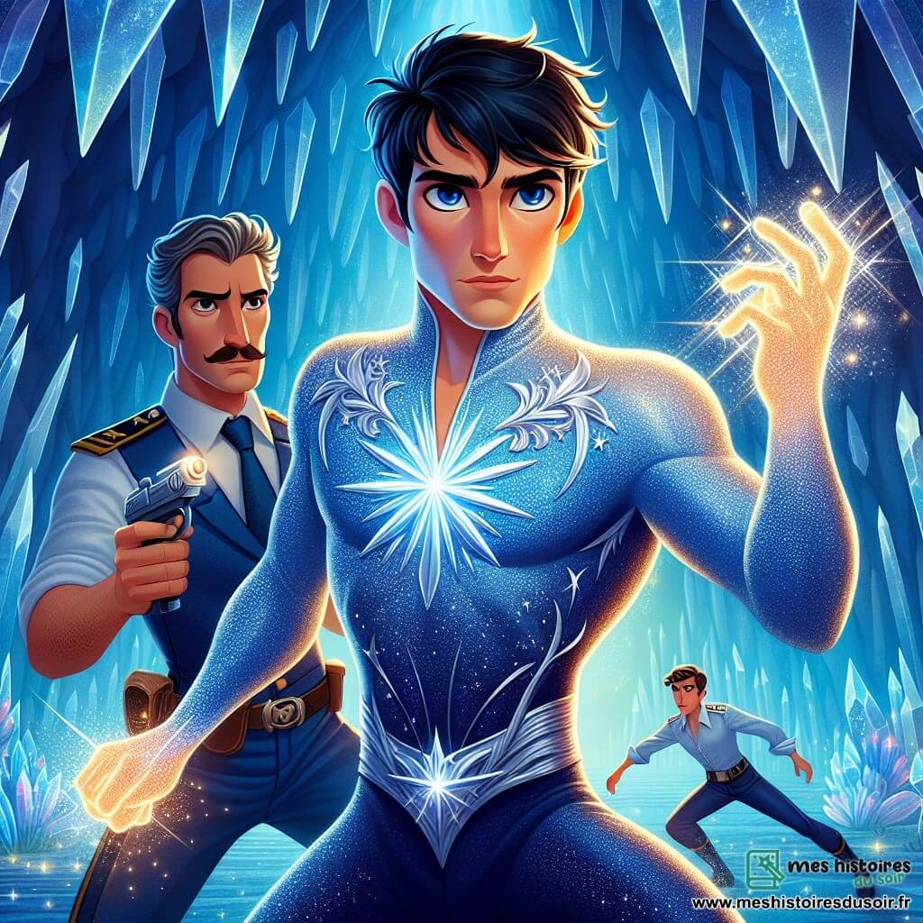Au centre de l'image, Orion, un homme de vingt-huit ans aux cheveux noirs et aux yeux bleus profonds, se tient fier dans son costume bleu orné d'étoiles argentées, prêt à libérer son pouvoir stellaire. À ses côtés, Maxime, un policier grand et costaud d'une trentaine d'années, admire Orion tout en tenant un pistolet à énergie. La scène se déroule dans la grotte des Étoiles, un lieu mystérieux avec des murs tapissés de cristaux scintillants. Orion et Maxime sont en pleine bataille contre Shadow, un criminel aux yeux flamboyants, tandis qu'Orion concentre son énergie et Maxime se prépare à tirer pour capturer leur ennemi, créant une atmosphère intense et lumineuse.