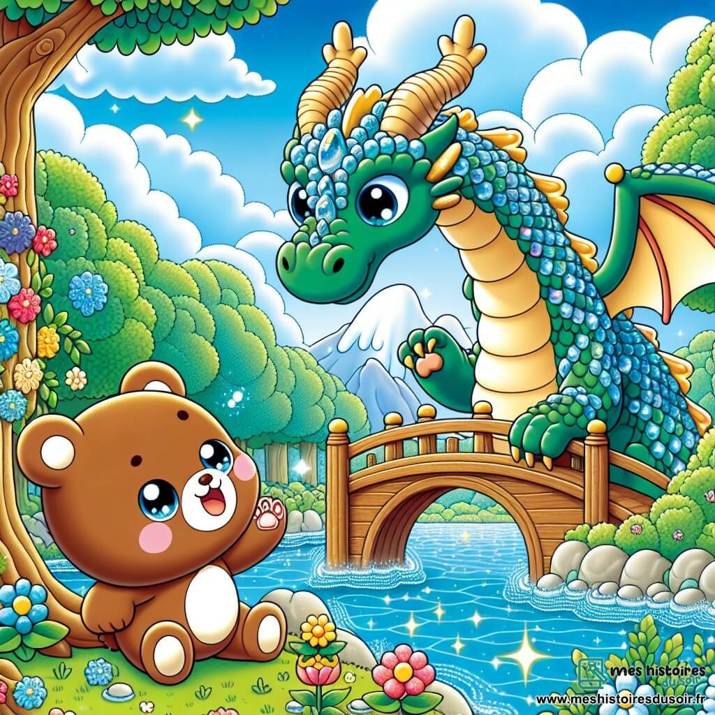 Petit Ourson, un ourson brun rond et doux aux grands yeux pétillants, tend sa patte vers le Dragon du Pont, un dragon majestueux aux écailles scintillantes et au sourire chaleureux. Le Dragon, imposant, se tient près d'un pont en bois, ses ailes déployées, affichant joie et surprise. La scène se déroule au bord d'une rivière étincelante, entourée d'arbres verts, de fleurs colorées et sous un ciel bleu parsemé de nuages blancs. Petit Ourson et le Dragon se rencontrent au bord de la rivière, où l'eau coule, apportant joie et vie à la forêt.