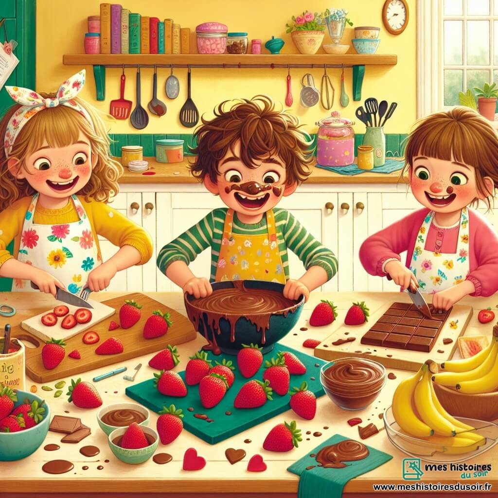 Trois personnages principaux se trouvent dans une cuisine lumineuse : Lou, une fille de 8 ans avec des cheveux bouclés, coupe des fraises en forme de cœur à gauche ; Hugo, un garçon de 9 ans avec des lunettes rondes, rit joyeusement au centre devant un bol de chocolat fondu ; Zoé, la plus petite avec des cheveux lisses, épluche une banane à droite, un morceau de fruit sur la tête. La cuisine est décorée de murs jaunes pastel et d'une table en bois couverte d'ingrédients colorés pour préparer un dessert spécial pour la fête des pères, dans une ambiance joyeuse et complice.