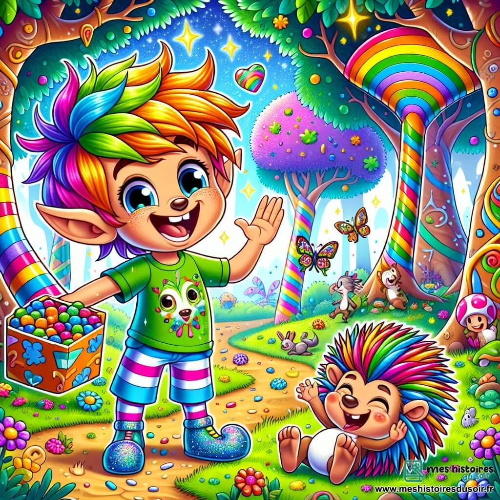 Au centre de l’image, un elfe joyeux nommé Pipo, avec des cheveux en pétard couleur arc-en-ciel et de grandes oreilles pointues, rit aux éclats. Il porte un tee-shirt vert scintillant et un short à rayures bleues. Son visage est illuminé par un grand sourire, et il tient une boîte de bonbons magiques. À ses côtés, un petit hérisson nommé Piquet, couvert de boue, roule dans l’herbe avec une expression de bonheur. Le décor est une forêt enchantée avec des arbres en sucre d’orge et des fleurs éclatantes. Pipo et Piquet racontent des blagues à des animaux amusés, créant une ambiance festive et joyeuse.