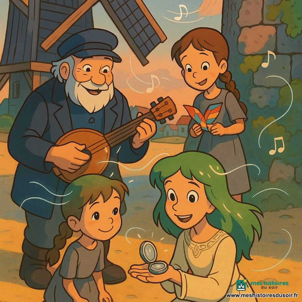 La princesse Althéa, cheveux verts mousse, s'agenouille sur la plage et tend un petit médaillon d'argent; derrière elle, Marin-Lune, marin d'environ 60 ans à la barbe blanche et à la casquette, tient un petit instrument à cordes; Méri, fille d'environ 7 ans en tresses, pieds nus, tient un oiseau en papier près d'un vieux moulin en bois aux grandes ailes, sable doré et maisons au loin; vent visible en filaments argentés soulevant cheveux et voiles, notes musicales flottantes; lumière de crépuscule chaude, palette pastel et ombres douces, style dessins animés des années 90, plan moyen en légère plongée, atmosphère tendre et magique.