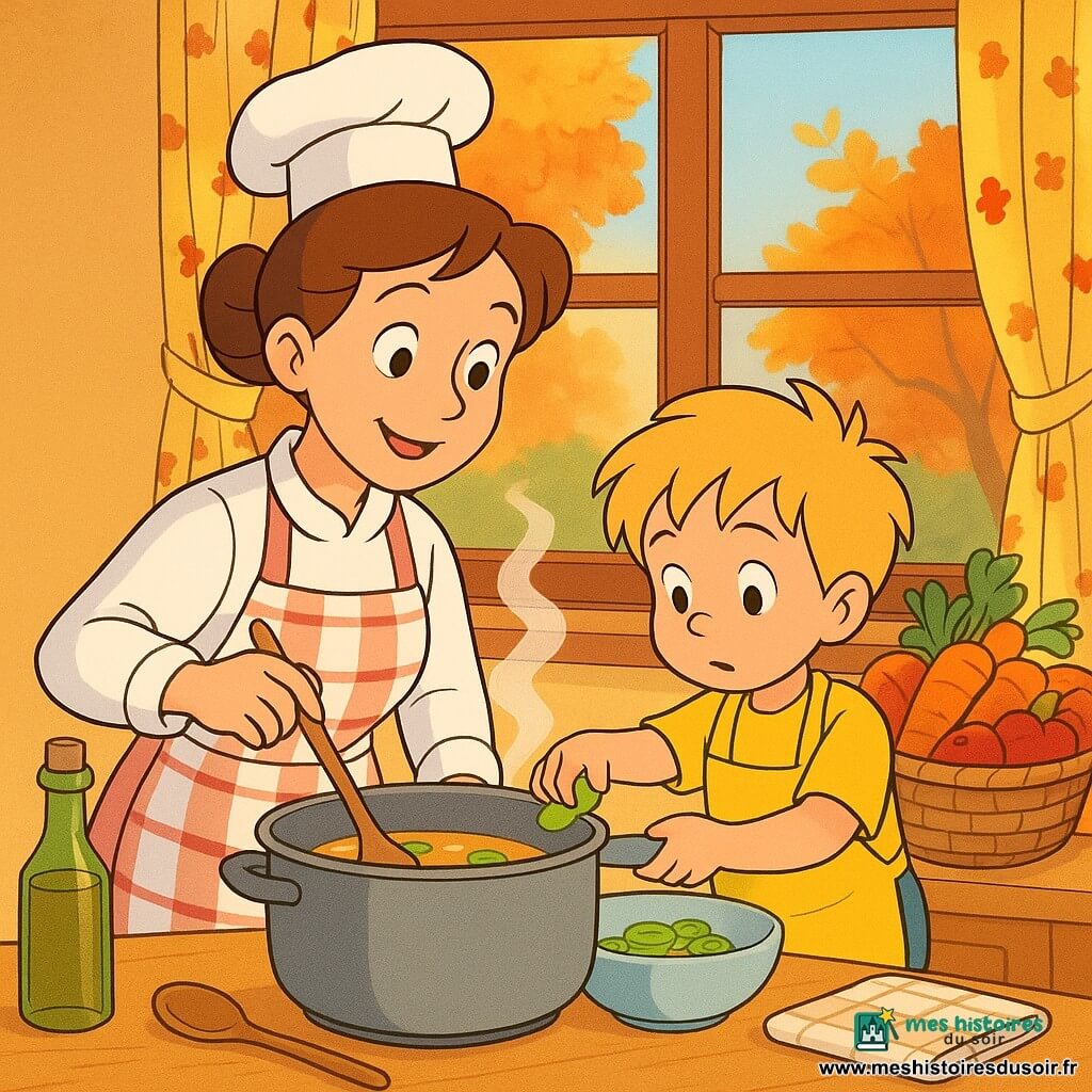 Une cheffe souriante en veste blanche et grand tablier à carreaux, cheveux bruns en chignon, remue lentement une grande casserole en bois d’où monte une légère vapeur pendant qu’elle guide la main d’un garçonnet de cinq ans aux cheveux blonds en bataille et mini tablier jaune, debout sur un marchepied et déposant des rondelles de poireau dans un saladier ; la petite cuisine chaleureuse à plan de travail clair, grandes fenêtres à rideaux fleuris et panier de légumes colorés crée une ambiance cosy et réconfortante tandis qu’ils préparent une soupe d’automne sous une lumière douce.