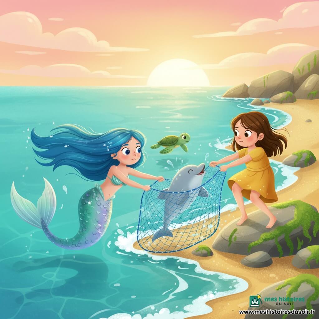Luna, une sirène courageuse aux longs cheveux bleu océan et à la queue irisée vert et violet, nage et tire sur un filet pour libérer un petit dauphin gris clair tandis qu'Eloïse, une fillette d'environ 7 ans aux cheveux bruns et à la robe jaune, aide depuis les rochers ; une petite tortue verte observe, le tout sur une plage rocheuse au coucher du soleil, eau turquoise, rochers algueux et éclaboussures lumineuses.