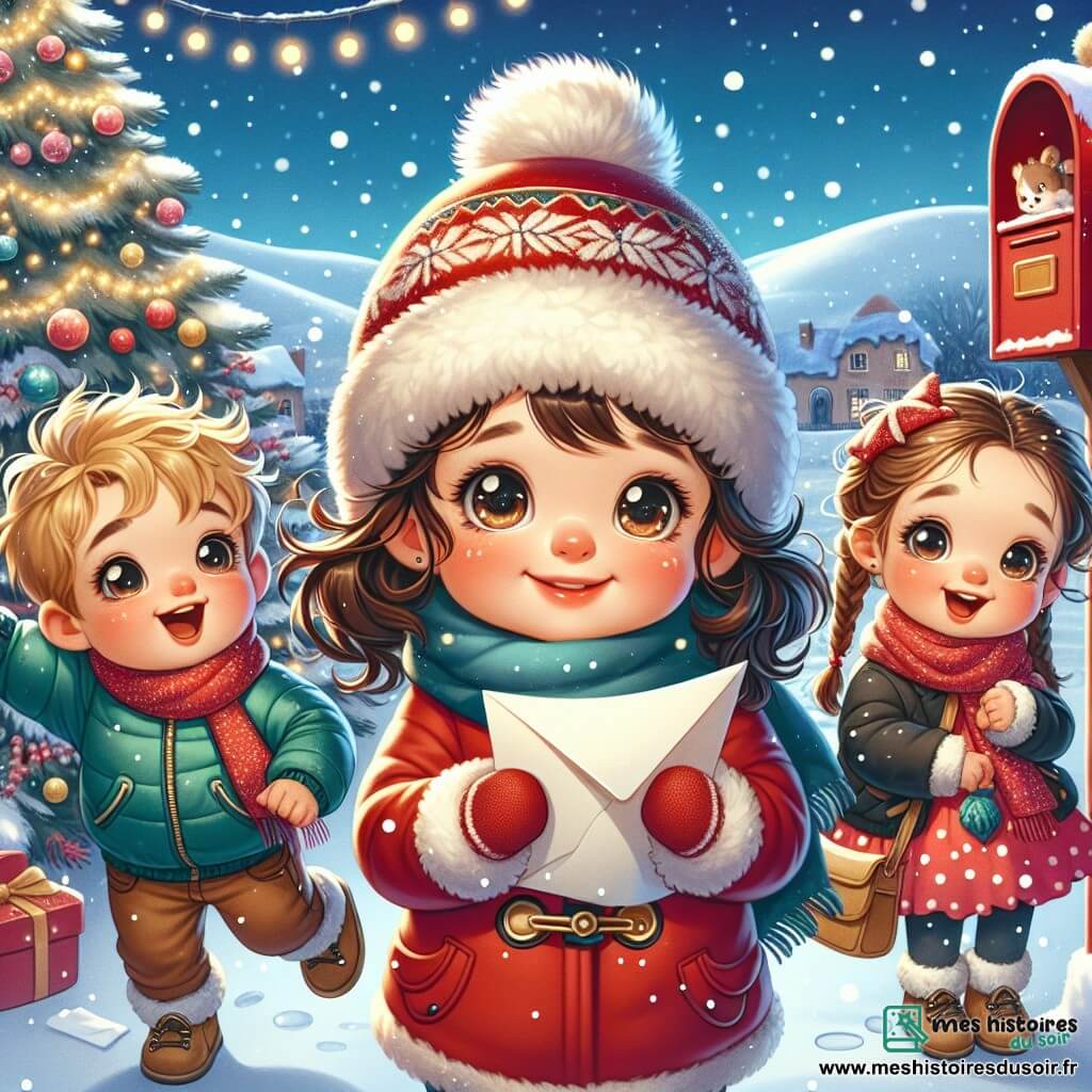Célia, une petite fille de 3 ans aux grands yeux pétillants et aux cheveux bruns bouclés, sourit en tenant une lettre froissée. Elle porte un manteau rouge vif et un bonnet en laine avec un pompon blanc. À ses côtés, Max, un garçon de 4 ans aux cheveux blonds en bataille, saute de joie, vêtu d'une écharpe bleue et d'une veste verte. Lila, une petite fille de 3 ans avec des nattes et une robe à pois, chante gaiement. Le décor hivernal présente un grand sapin décoré de guirlandes scintillantes et de lumières colorées, entouré de flocons de neige. Célia, Max et Lila sont réunis autour d'une boîte aux lettres rouge, prêts à glisser leur lettre au Père Noël, leurs visages rayonnants de bonheur.