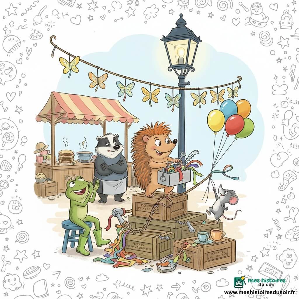 Pistache, petit hérisson anthropomorphe à mèche orange, sourit en tenant une boîte à outils pleine de rubans et ressorts perché sur des caisses au centre d’un marché de village animé ; à gauche Mademoiselle Pivoine, grenouille élégante en bottes vertes, applaudit depuis un tabouret bleu, à droite Clara la souris lâche un fil en tenant des ballons colorés pour stabiliser une tyrolienne improvisée pendant que Balthazar le blaireau, sceptique mais amusé, observe près d’un stand de crêpes ; Pistache accroche une grande guirlande papillon à un lampadaire ancien sans échelle, entouré de guirlandes, lampions et coussins à ressorts dans une ambiance lumineuse et optimiste.