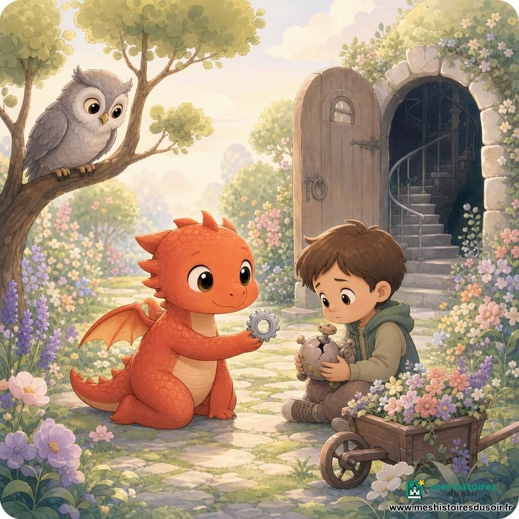 Petit dragon Flammèche, rond et petit, écailles rouge-orange lisses, grandes pupilles brillantes, sourire doux, tient un petit engrenage argenté et s'agenouille pour tendre la main; vieux hibou sage au plumage gris cendré perché à gauche, tête penchée en observateur bienveillant; petit garçon aux cheveux bruns courts, visage passant de la tristesse à l'émerveillement, tient un jouet cassé réparé par Flammèche, assis devant une petite brouette fleurie à droite; décor: jardin ancien lumineux avec allée de pierres moussues, massifs de fleurs pastel, arbres à feuilles rondes et petite porte en pierre ouverte laissant entrevoir un escalier en colimaçon menant à une caverne; scène chaleureuse au matin avec lumière douce, atmosphère magique et rassurante, style aux formes simples et arrondies, palette pastel pêche-menthe-lavande, contours fins et ombres très douces, escalier suggérant un voyage dans le temps.