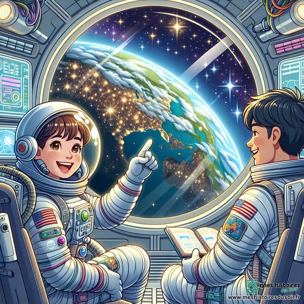 Au premier plan, l'astronaute Camille, avec un casque brillant et une combinaison spatiale blanche, sourit en pointant la Terre visible à travers un hublot de fusée, entourée d'étoiles. À ses côtés, Maxime, son coéquipier, admire également la vue, carnet en main. L'intérieur de la fusée est équipé de panneaux de contrôle lumineux et d'écrans de données. La scène illustre l'émerveillement face à la beauté de la Terre, symbolisant l'exploration et la camaraderie.