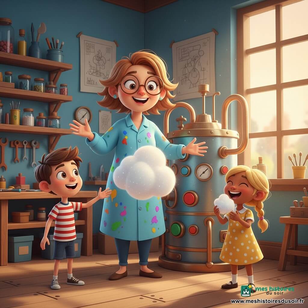 Une inventrice souriante et énergique aux lunettes rondes et cheveux châtain clair en bataille, en blouse bleu ciel tachée de peinture, se tient près d'une grande machine métallique aux boutons colorés, tuyaux en cuivre et jauges, qui souffle un nuage blanc de sucre scintillant semblable à de la barbe à papa; à gauche, Léo, environ 8 ans, cheveux bruns courts et t-shirt rayé rouge et blanc, tend la main émerveillé pour toucher le nuage, et à droite Mia, environ 7 ans, cheveux blonds en deux nattes et robe jaune à pois, rit en goûtant un morceau; l'atelier chaleureux aux murs bleu clair, étagères d'outils et lumière dorée crée une atmosphère magique et conviviale, style couleurs vives, contours nets et expressions lisibles.