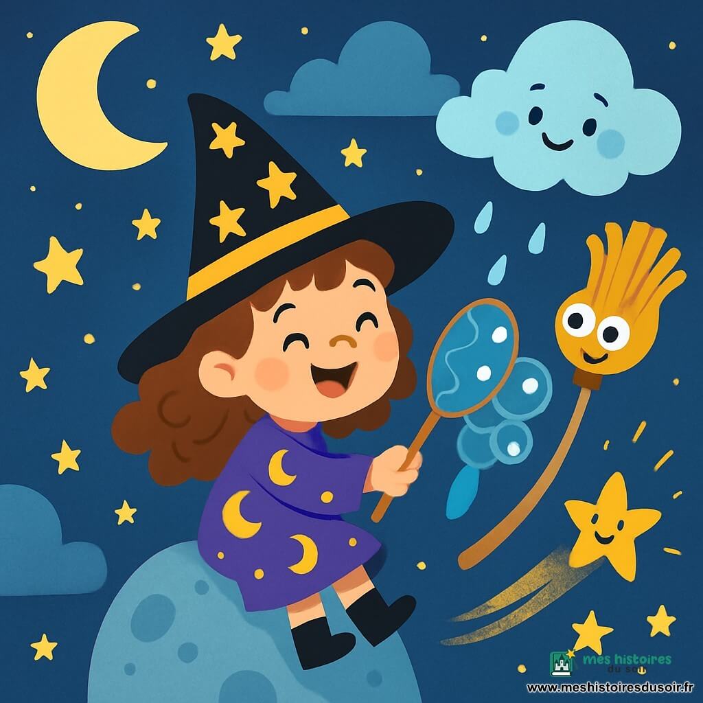 Une petite sorcière nommée Mina, avec un grand chapeau noir orné d'étoiles dorées, sourit joyeusement. Elle a des cheveux bouclés et bruns, porte une robe violette avec des motifs de lunes et est assise sur un caillou de lune, tenant un filet à bisous fait de plumes et de bulles de savon, prête à attraper une étoile filante. À côté d'elle, son balai nommé Balou, avec des yeux ronds et un sourire amical, flotte dans les airs. Un nuage nommé Plouf, avec un visage souriant, observe la scène. La scène se déroule dans un ciel nocturne magique, rempli d'étoiles et de nuages, éclairée par la lune. Mina lance son filet vers une étoile filante dorée qui danse, créant une atmosphère joyeuse. Les couleurs vives et les détails enchanteurs rendent cette illustration captivante.