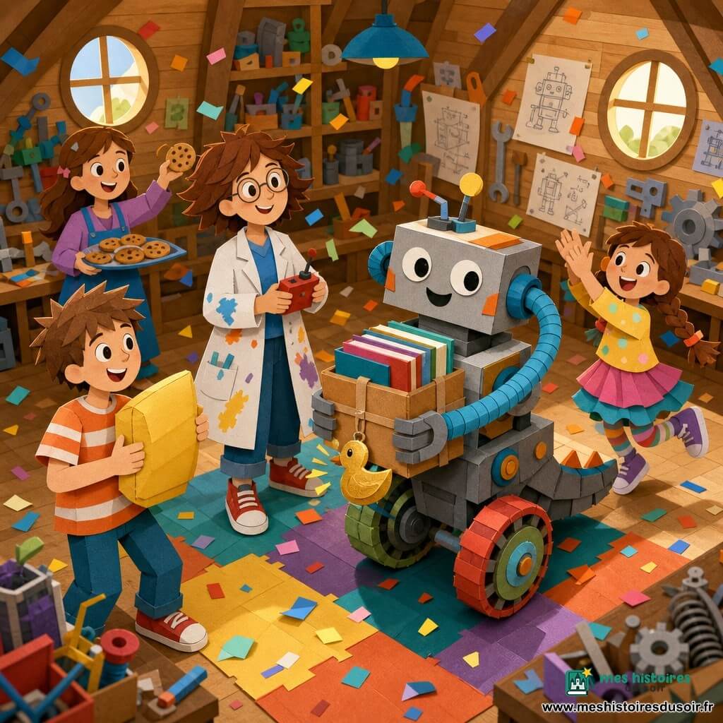Une inventrice souriante et déterminée, cheveux courts châtains en bataille, lunettes rondes, blouse tachée de peinture bleue, tenant une petite télécommande rouge et regardant son robot porter une boîte de livres ; Léa (~8 ans) aux tresses brunes applaudit à droite, Max (~12 ans) cheveux en épi en t‑shirt rayé rit et tend un coussin à gauche, Inès (~11 ans) derrière le groupe offre un biscuit sur un plateau ; le robot, grand et drôle, bras en tuyaux, roues récupérées colorées, queue en mousse renforcée et sonnette canard dorée qui tinte « coin‑coin », boîte bien arrimée ; atelier en bois avec étagères à pièces, plans au mur, fenêtres rondes laissant une lumière chaude, outils suspendus et tapis coloré ; scène de réussite ludique avec confettis, ambiance chaleureuse et joyeuse, couleurs vives et contrastées, textures papier visibles, contours nets, composition centrée sur le robot et l’inventrice, angle légèrement en plongée.