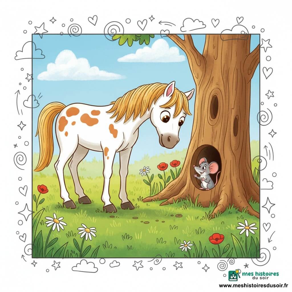 Un cheval doux et curieux, crinière dorée et robe blanche tachetée de caramel, se penche pour regarder une petite souris grise souriante assise à l'entrée d'un trou d'arbre ; prairie verte et fleurie, vieux tronc brun avec trou accueillant, ciel bleu clair avec nuages cotonneux et soleil chaleureux à droite, ambiance joyeuse et bienveillante, couleurs pastel vives et contours épais style livre pour tout-petits.