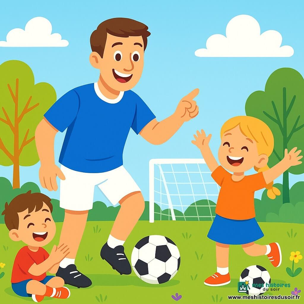 Un homme grand et souriant, Marc, est au centre de l'image, vêtu d'un maillot de football bleu vif et de shorts blancs. Il montre aux enfants comment dribbler avec un ballon. À côté de lui, une fillette de 7 ans, avec des cheveux blonds en tresses, essaie de copier ses mouvements, excitée. Un garçon de 6 ans, aux cheveux châtains et portant un t-shirt rouge, est assis sur l'herbe, riant et applaudissant, tenant un petit ballon à ses pieds. La scène se déroule sur un terrain de football verdoyant, entouré d'arbres colorés et d'un ciel bleu clair. Marc explique aux enfants comment faire une passe, avec des gestes dynamiques, tandis qu'ils l'écoutent attentivement, impatients de jouer ensemble.