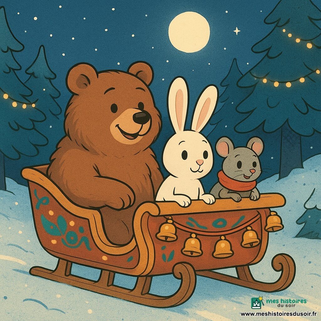 Un ours brun nommé Patachon, avec un pelage épais et doux, est assis à l'avant d'un traîneau en bois décoré de clochettes dorées et de motifs colorés. À côté, un lapin blanc nommé Filou, aux longues oreilles, est émerveillé. Derrière eux, une souris grise, Mimi, avec une écharpe rouge, regarde autour d'elle avec enthousiasme. Le traîneau glisse sur la neige scintillante sous un ciel étoilé et une lune brillante. La forêt environnante, parsemée de sapins enneigés et de guirlandes lumineuses, ajoute une touche féerique à la scène.