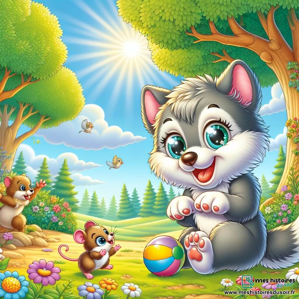 Illustration d'un petit loup gris joyeux et curieux, jouant avec une balle colorée dans une clairière. Une petite souris brune l'encourage, tandis qu'un autre loup, plus hésitant, observe avec espoir. La clairière est ensoleillée, entourée d'arbres majestueux et de fleurs colorées, créant une ambiance accueillante. Les animaux jouent ensemble, symbolisant la camaraderie et l'acceptation. Des rayons de soleil, des oiseaux chantants et des rires flottent dans l'air, illustrant la joie et l'amitié dans la forêt.