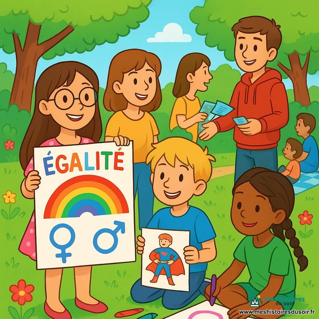 Quatre enfants sont présents : Anaïs, 10 ans, avec de longs cheveux bruns et des lunettes rondes, porte une robe rose à pois blancs et tient une affiche colorée sur l'égalité. Lucas, 9 ans, a des cheveux blonds en bataille et un t-shirt bleu, et montre un dessin de super-héros. Samia, 9 ans, avec des cheveux noirs tressés et un short vert, est assise par terre, dessinant des affiches. Nathan, 10 ans, avec des cheveux châtains et un sweat à capuche rouge, sourit en distribuant des brochures. L'action se déroule dans un parc ensoleillé, verdoyant, où des familles sont assises sur des couvertures. Les enfants présentent leurs idées sur l'égalité des genres à des parents attentifs, créant une ambiance joyeuse et collaborative.