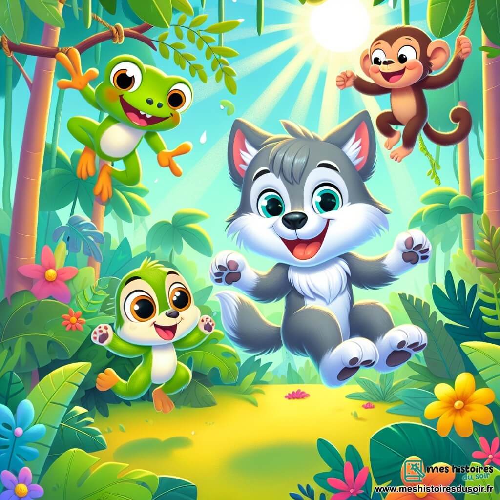 Un loup joyeux nommé Loulou, avec un pelage gris et des yeux malicieux, saute dans la jungle avec un grand sourire. À ses côtés, une grenouille verte bondit joyeusement, tandis qu'un singe espiègle rit en les observant. La jungle est luxuriante, avec de grandes feuilles vertes, des fleurs colorées et des rayons de soleil filtrant à travers les arbres. Loulou et ses amis s'amusent ensemble, créant une atmosphère joyeuse.