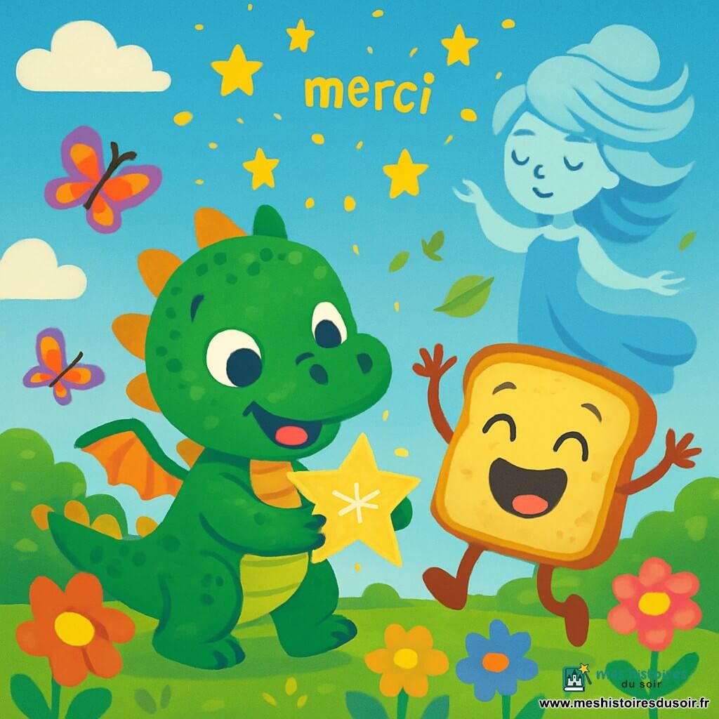 Titou, un petit dragon aux écailles vertes et aux yeux curieux, se tient au centre de l'image, souriant émerveillé. Il tient un mot brillant dans ses griffes. Biscotte, une tartine joyeuse, saute à côté de lui, riant et pleine d'énergie. En arrière-plan, Mademoiselle Vent danse doucement, entourée de feuilles virevoltantes, ajoutant une touche de magie. Le jardin enchanté est rempli de fleurs colorées et de papillons, sous un ciel bleu parsemé de nuages. Titou et Biscotte dansent sous une pluie de mercis scintillants, créant une atmosphère joyeuse et magique.