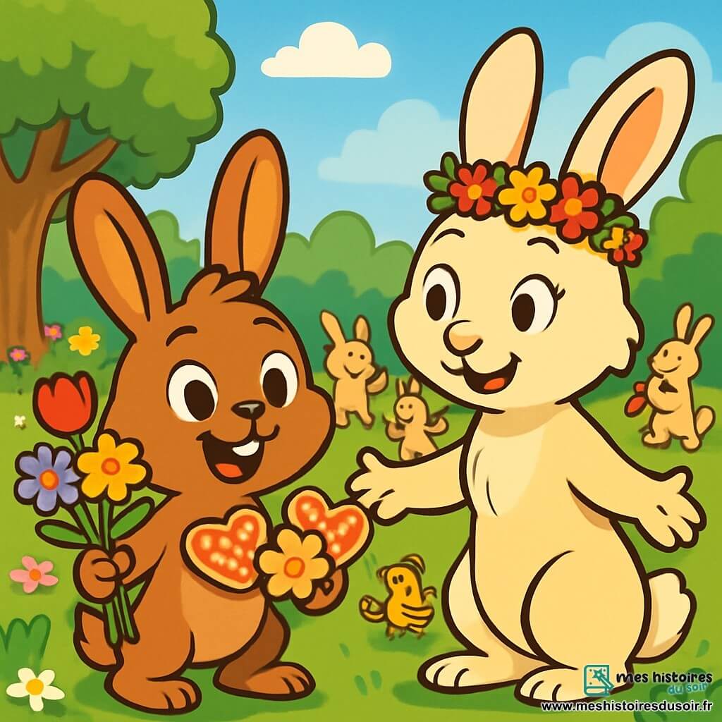 Barnabé le lapin, avec ses grandes oreilles et son pelage brun, est au centre de l'image, les yeux brillants d'excitation et un grand sourire. Il tient un bouquet de fleurs colorées dans une patte et des biscuits décorés dans l'autre, dans une ambiance joyeuse. À ses côtés, sa maman, une lapine crème aux yeux doux, le regarde avec tendresse, les bras ouverts pour l'enlacer, portant une couronne de fleurs pour la fête des mères. En arrière-plan, un parc verdoyant avec des fleurs et des arbres sous un ciel bleu accueille des lapins et d'autres animaux qui dansent et chantent, célébrant ensemble la fête des mères. Barnabé joue de la flûte de carotte, entouré de ses amis dans un moment de bonheur partagé.