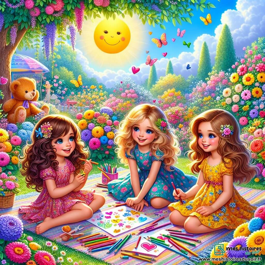 Trois filles, Lila (8 ans, cheveux bruns et bouclés, en robe rose à fleurs), Zoé (7 ans, cheveux blonds et lisses, en petite robe jaune) et Chloé (8 ans, cheveux châtains et ondulés, en robe bleue), sont assises sur une nappe colorée dans un jardin ensoleillé, entourées de fleurs. Lila dessine des cœurs sur une carte, Zoé tient des crayons de couleurs, et Chloé dessine un soleil. Le jardin est rempli de fleurs, avec des papillons et un ciel bleu clair. Au fond, un arbre majestueux offre de l'ombre. Les filles préparent des cartes pour la fête des mères, riant et souriant, créant un moment joyeux et créatif.