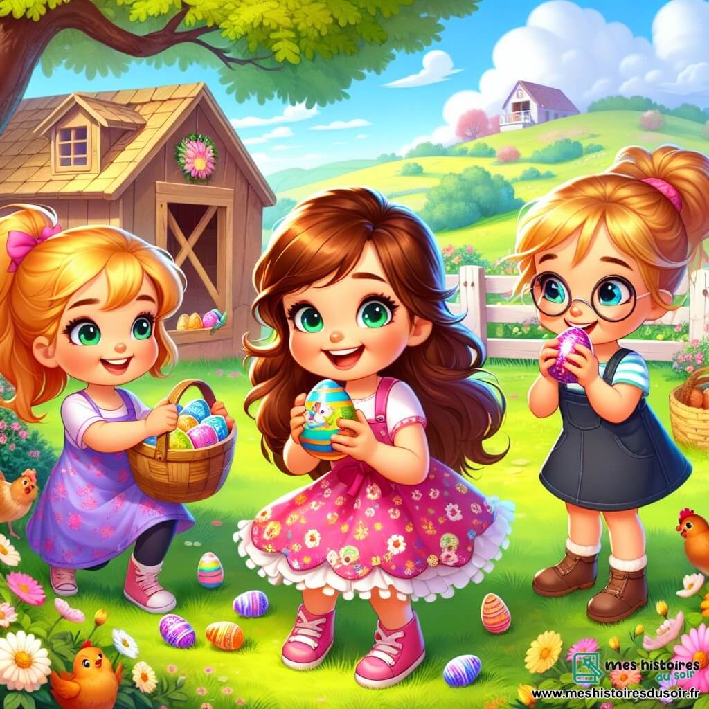 Trois filles joyeuses se tiennent au centre de la scène : Lila, 8 ans, avec de longs cheveux bruns, porte une robe rose et tient un œuf en chocolat coloré. Zoé, 7 ans, aux cheveux blonds en couettes, s'accroupit pour ramasser une plume colorée. Amélie, 9 ans, avec des cheveux châtains et des lunettes rondes, tient une carte illustrée d'un lapin. Elles se trouvent dans une ferme pittoresque, entourée de collines et de fleurs, avec un poulailler en bois en arrière-plan. Le ciel est bleu et ensoleillé, créant une ambiance festive. Les filles découvrent un panier d'œufs en chocolat caché derrière un buisson, leurs visages exprimant excitation et émerveillement lors de cette chasse aux œufs de Pâques.