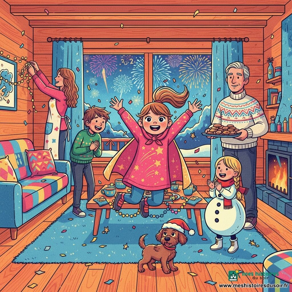 Soirée de Nouvel An dans un salon de chalet cosy : une fillette en cape scintillante saute de joie au centre, un père tient un plateau de biscuits à droite, la mère accroche une guirlande à l'arrière, un garçon déguisé en sapin et une fille déguisée en bonhomme de neige rient près de la fenêtre et de la cheminée, un petit chien porte un chapeau de Père Noël ; grande fenêtre sur paysage enneigé et feux d'artifice, décor festif de guirlandes, biscuits et rires tandis que le groupe compte à rebours.