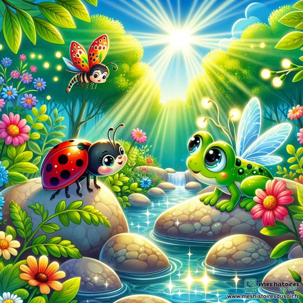 Une coccinelle nommée Lila, avec des élytres rouges et des points noirs, vole au-dessus d’un ruisseau. Son visage montre curiosité et excitation. À proximité, une luciole nommée Lumo éclaire le chemin avec sa lumière douce. En arrière-plan, une grenouille verte, perchée sur une pierre, regarde avec admiration. Le décor est un jardin luxuriant avec des fleurs colorées et un ruisseau serpentant. La lumière du soleil crée une ambiance magique. Lila et Lumo s'unissent pour aider la grenouille en danger, illustrant l'importance de l'amitié et du courage.