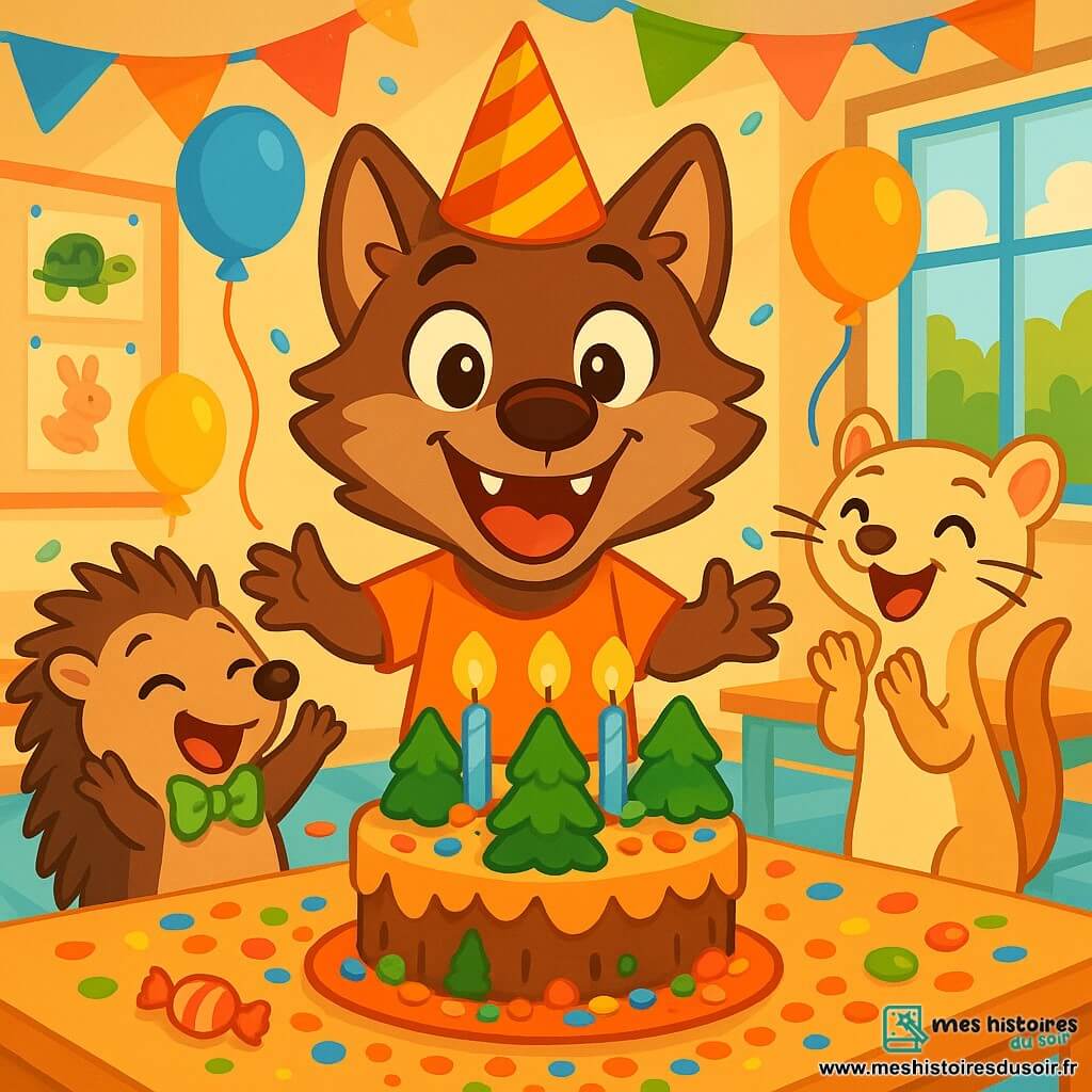 Loupinou, un jeune loup aux poils doux et bruns, avec de grands yeux pétillants de joie, se tient au centre d'une fête d'anniversaire devant un énorme gâteau en forme de forêt. Il sourit largement, entouré de ballons colorés. À sa droite, Léon le hérisson, avec un nœud papillon vert fluo, rit aux éclats. À sa gauche, Margot la belette, avec son pelage crème et ses yeux malicieux, applaudit avec enthousiasme. La scène se déroule dans une salle de classe décorée de guirlandes et de dessins d'animaux, avec des tables couvertes de confettis et de bonbons. Loupinou souffle sur les bougies de son gâteau, entouré de ses amis qui chantent « Joyeux anniversaire », créant une atmosphère festive.