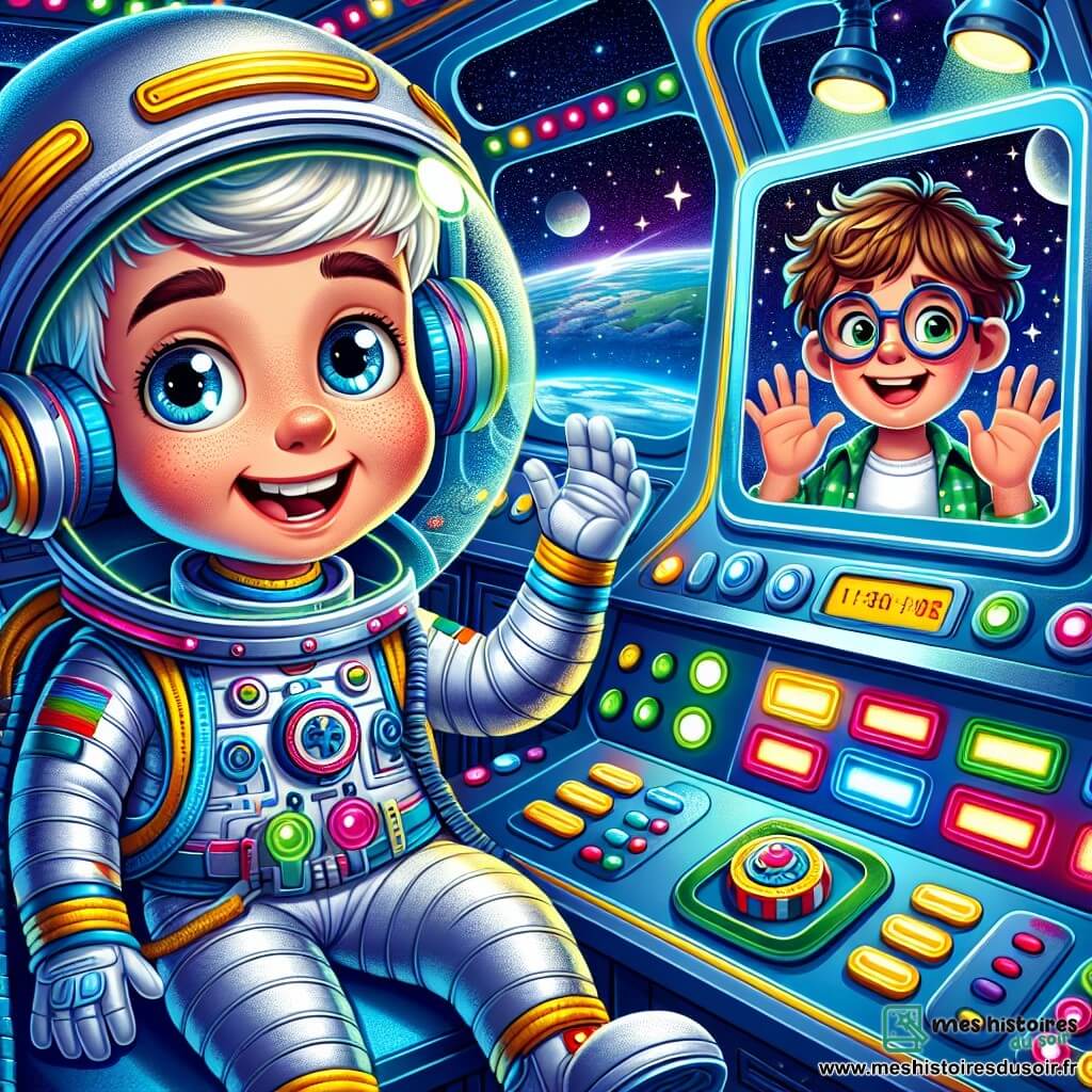 Un astronaute nommé Hugo flotte dans sa cabine de vaisseau spatial, souriant d'excitation. Il porte un scaphandre argenté avec des détails colorés et un casque transparent. Il tient un carnet d'observation et un goûter spécial. À côté de lui, sur un écran, un enfant de 10 ans nommé Léo, avec des cheveux bruns en bataille et des lunettes rondes, exprime son émerveillement. L'intérieur du vaisseau est rempli de panneaux de contrôle illuminés et offre une vue sur un ciel étoilé avec des planètes colorées. Hugo discute avec Léo de sa découverte d'une nouvelle planète, entouré d'étoiles scintillantes, créant une atmosphère magique d'aventure.