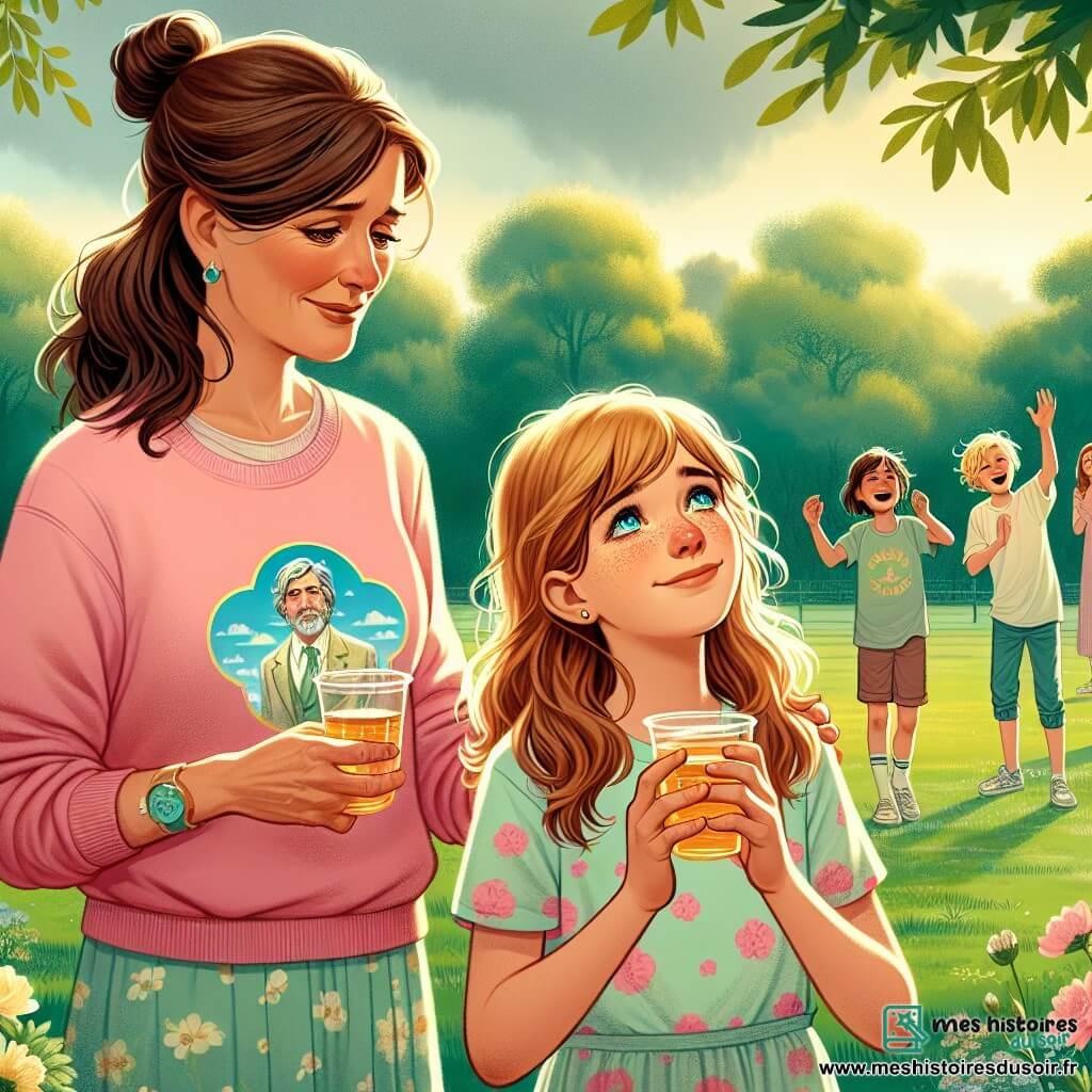 Céline, une fille de 12 ans, se tient dans un parc verdoyant, les yeux brillants de larmes mais souriante. Elle a de longs cheveux châtains et porte un sweat rose avec un motif de nuage. Elle lève un verre de jus de pomme en mémoire de son grand-père. À ses côtés, sa mère, d'environ 35 ans, la regarde avec fierté, portant une robe légère à fleurs. En arrière-plan, des amis de Céline jouent au frisbee, créant une atmosphère joyeuse. Le parc est illuminé par une lumière dorée, avec des arbres et des fleurs colorées. Céline célèbre la vie de son grand-père, mêlant tristesse et joie des souvenirs.
