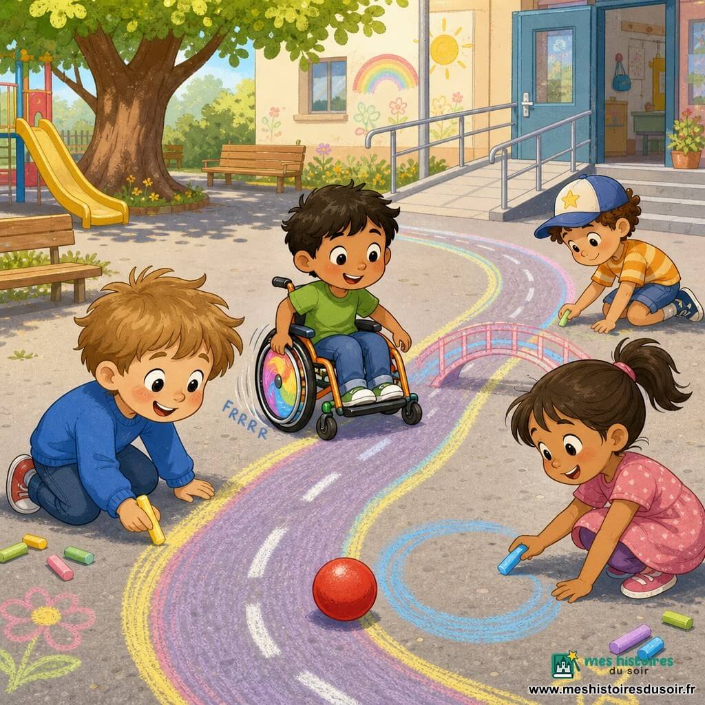 Un garçon de 4 ans, heureux et concentré, joues rondes et cheveux châtain clair en bataille, en pull bleu trace une route à la craie avec une craie jaune en regardant une balle rouge; Nino, garçon de 4–5 ans en petit fauteuil roulant coloré aux roues brillantes, t‑shirt vert, avance lentement sur la route de craie vers la balle; Jade, fille de 4 ans aux cheveux en queue de cheval, robe rose, accroupie près de la balle en dessinant un grand rond bleu; Sam, garçon de 5 ans, casquette, dessine un petit pont de craie au bord du chemin; cour d’école ensoleillée sur bitume gris clair couverte de dessins multicolores, toboggan jaune, grand arbre, quelques bancs et une entrée avec petite rampe; scène d’équipe avec une large route de craie menant à la balle rouge, roues faisant "frrr", visages souriants, ambiance douce aux couleurs pastel et traits ronds et expressifs.