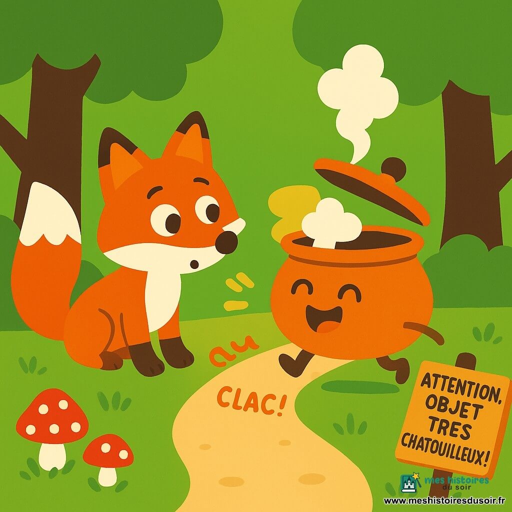 Un renard roux au pelage doux et taches blanches, yeux ronds surpris, incline la tête vers une marmite en cuivre animée qui rit et danse en roulant sur le sentier en faisant « clac-clac », vapeur en nuage et couvercle ouvert comme une bouche; un panneau naïf incliné indique « Attention, objet très chatouilleux ! »; le chemin couvert de mousse, quelques champignons rouges à pois blancs et troncs éclairés par un feuillage vert clair.