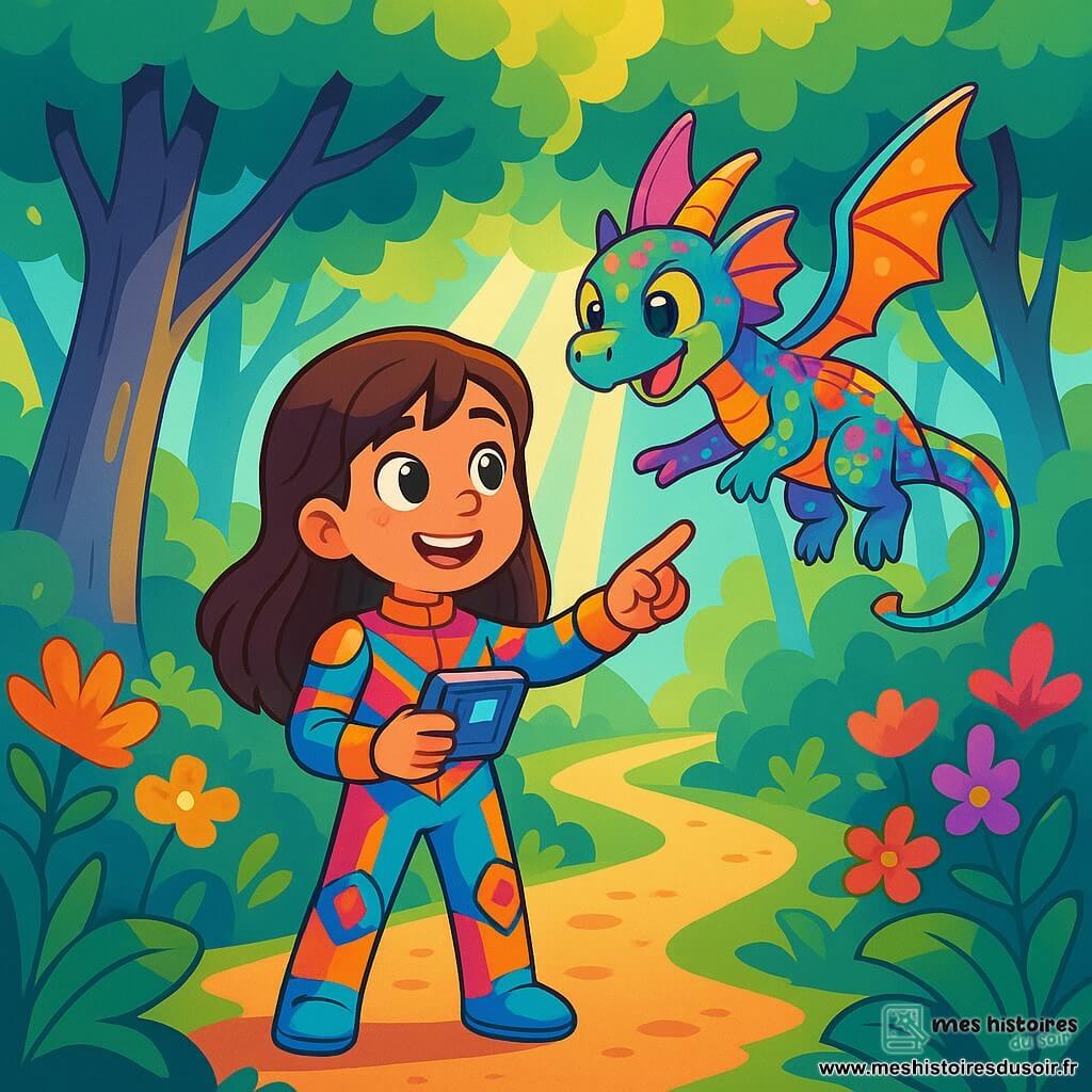 Léa, une petite fille de 10 ans aux longs cheveux bruns et aux yeux curieux, se tient au centre, souriante. Elle porte une combinaison futuriste colorée et tient un appareil électronique brillant. À ses côtés, un petit dragon aux écailles multicolores s'élève avec des ailes translucides, prêt à l'aider. Le décor est une forêt luxuriante avec des arbres argentés et des fleurs éclatantes, baignée de lumière. Léa et le dragon discutent, elle désignant un chemin mystérieux symbolisant leur aventure pour ramener la tolérance à Néobelle.