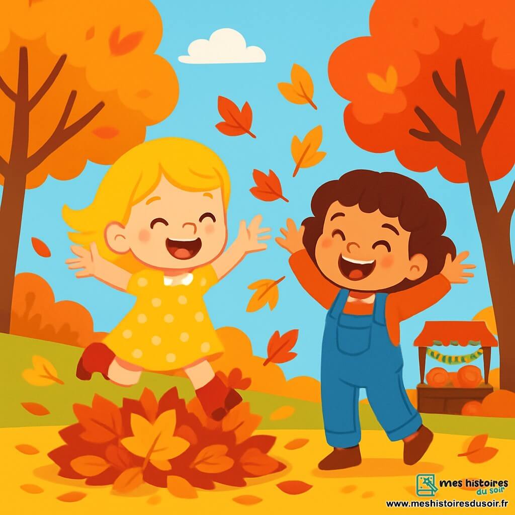 Clara, une petite fille de 4 ans aux cheveux blonds, porte une robe jaune à pois et des bottes rouges. Elle saute dans un tas de feuilles d'automne avec un grand sourire. À ses côtés, Léa, également âgée de 4 ans, a des boucles brunes et une salopette en denim. Elle rit et lance des feuilles en l'air, ses yeux brillants de joie. L'action se déroule dans un parc d'automne, avec des arbres aux feuilles rouges, oranges et jaunes. Le sol est recouvert de feuilles croustillantes, et un stand de marché décoré de guirlandes de pommes et de citrouilles se trouve au loin. Le ciel est bleu clair avec des nuages blancs. Clara et Léa s'amusent ensemble, créant une atmosphère joyeuse et festive.