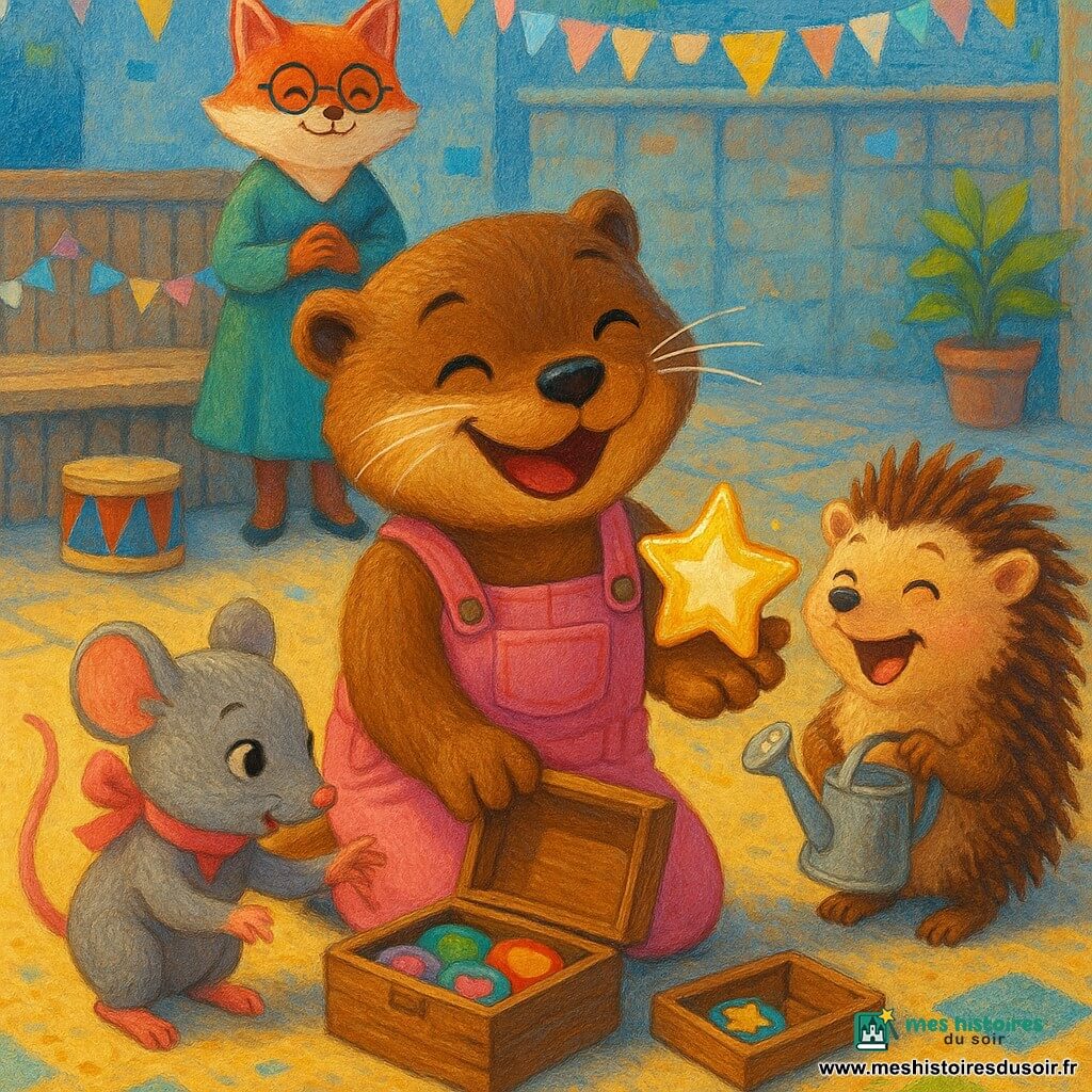 Lila la loutre, joyeuse et fière, pelage brun brillant, salopette en jean rose, s’agenouille et ouvre une petite boîte en bois pour y révéler une grande gommette étoile scintillante dans sa paume ; Mina la souris, petite et vive, fourrure grise et nœud rose, émerveillée, pointe les badges colorés à l’intérieur, à gauche de Lila ; Gaspard le hérisson, piquants bruns et air rieur, tient à droite un petit arrosoir en métal, prêt à célébrer ; Maîtresse Renarde, pelage roux et lunettes rondes, souriante, se tient en arrière-plan derrière l’estrade. Le lieu : préau d’école avec estrade en bois patiné, rubans pastel, guirlandes de papier, dalles bleues et grises, quelques plantes et un tambour sur le côté. Scène : découverte triomphale d’une boîte secrète de badges étoilés au crépuscule, lumières chaudes et complicité enfantine. Style : peinture acrylique colorée, traits doux, textures visibles, contrastes chaleureux, composition centrée sur la boîte et les étoiles scintillantes.