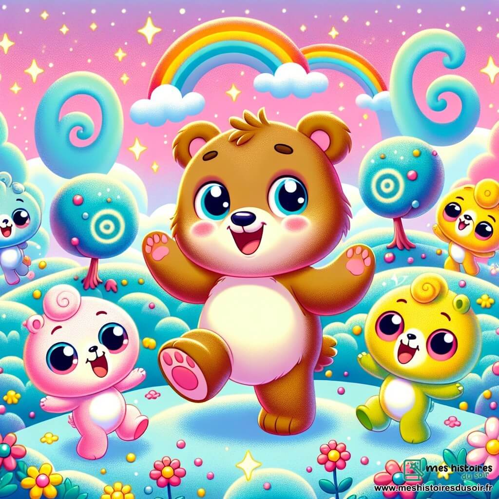 Un ours curieux nommé Oscar, avec un pelage brun et des yeux pétillants, danse joyeusement sur une planète colorée, entouré de mousse bleu clair et d'arbres en spirale. Il sourit, les bras levés, émerveillé par son environnement. À ses côtés, trois Flouflous, des créatures ressemblant à de petits nuages aux yeux ronds, flottent joyeusement. Zazou, le Flouflou leader, rit en dansant, tandis que Blou et Ploup, aux teintes pastel, partagent des baies délicieuses. Le ciel est rose, parsemé d'étoiles, et le sol est tapissé de fleurs multicolores. La scène capture le moment magique où Oscar et ses amis célèbrent leur rencontre avec des chants et des rires, créant une atmosphère joyeuse.