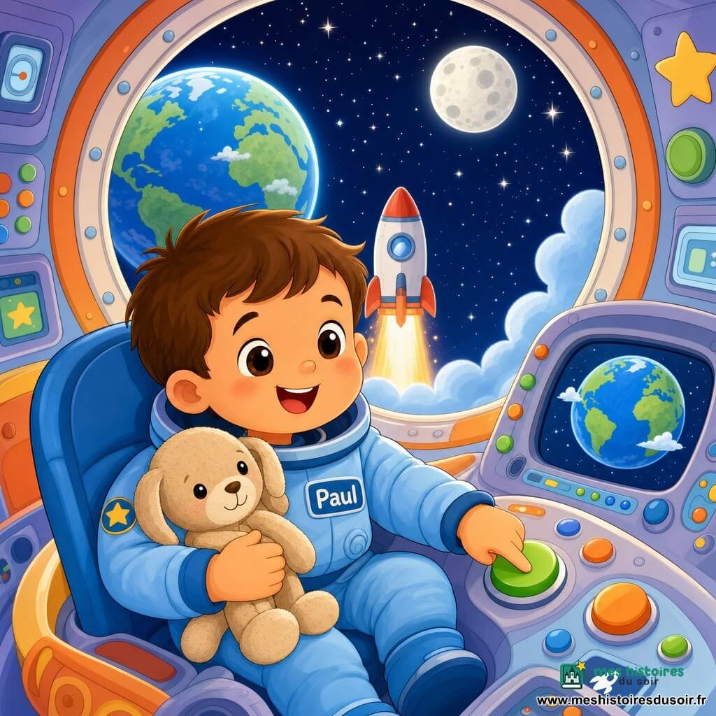 Paul, un petit garçon nommé Paul aux cheveux bruns courts, souriant et émerveillé, en combinaison spatiale bleue douce, est assis dans le siège d’une fusée en train d’appuyer sur un gros bouton vert, les yeux ronds et brillants, un doudou en peluche beige posé sur ses genoux ; l’intérieur coloré de la cabine présente des panneaux arrondis, de gros boutons verts, orange et bleu et des écrans montrant une Terre bleue et une Lune blanche, le hublot ouvert donne sur l’espace avec la fusée qui monte lentement parmi les étoiles — style graphique : formes simples, contours nets, couleurs vives et pastels, composition centrée sur le garçon et son doudou.