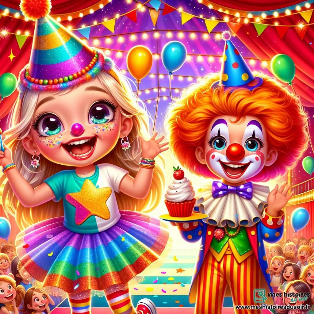 Zoé, une petite fille de 6 ans aux yeux pétillants et joues roses, porte un chapeau en forme d'étoile et un t-shirt arc-en-ciel. Elle rit en tenant un nez de clown rouge. À ses côtés, Bouboule, un clown jovial avec un grand nez rouge et des cheveux orange, jongle avec des balles colorées. La scène se déroule sous une tente de cirque rouge et jaune, remplie d'enfants et d'adultes émerveillés. Zoé et Bouboule sont entourés de confettis, tandis qu'une tarte à la crème éclabousse le sol, créant une ambiance joyeuse et magique.