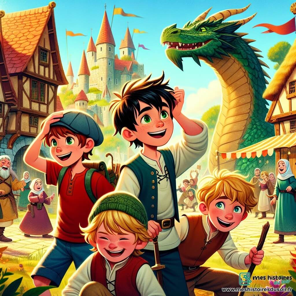 Dans un paysage médiéval ensoleillé, quatre garçons, Hugo, Lucas, Max et Léo, expriment leur excitation autour d'un dragon majestueux. Hugo, 10 ans, en t-shirt rouge, sourit en le montrant. Lucas, 9 ans, en lunettes, semble pensif. Max, 10 ans, avec une casquette verte, tient un bâton comme une épée, tandis que Léo, 9 ans, riant avec une petite fille médiévale, joue avec une poupée en bois. Le décor est un village animé avec des maisons en pierre et un château en arrière-plan. Les villageois curieux observent la scène joyeuse, illustrant l'amitié et la joie d'une rencontre inattendue.