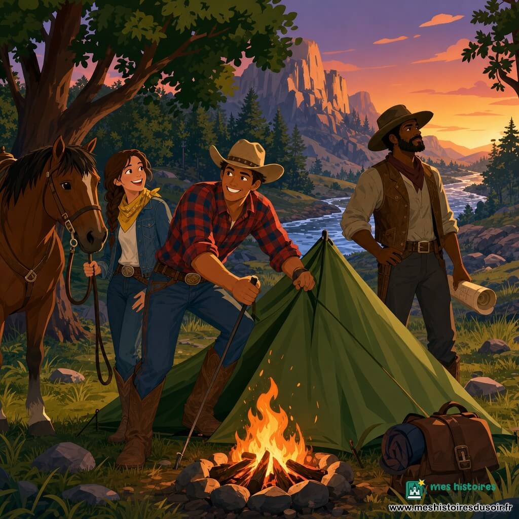 Un homme grand et souriant (Tom), visage bronzé, chapeau de cow-boy beige, chemise à carreaux, bottes poussiéreuses, plantant une tente verte avec énergie; une femme (Sally), environ 25 ans, rire expressif, tresse brune, veste en jean et foulard jaune, tenant la bride de son cheval brun à gauche de Tom, regard complice; un homme (Joe), environ 40 ans, barbu, chapeau usé, gilet en cuir, à droite, scrutant l'horizon et tenant une carte roulée, posture protectrice; clairière herbeuse au bord d'une rivière sinueuse, arbres robustes, collines rocheuses en arrière-plan, sol caillouteux et petit feu de camp orange; scène d'installation d'un campement au crépuscule, personnages autour de la tente et du feu, atmosphère chaleureuse, couleurs chaudes, silhouettes nettes et ombres douces.