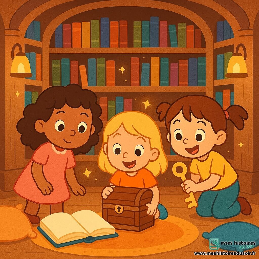 Trois petites filles de 8 ans se trouvent dans une bibliothèque magique. Mia, aux cheveux bruns et bouclés, porte une robe rose et observe un grand livre ouvert. Léo, avec des cheveux blonds et lisses, est accroupie à côté d'elle, tenant un vieux coffre en bois, excitée. Zoé, aux cheveux châtains en couettes, sourit en tenant une clé dorée qu'elle vient de trouver. La bibliothèque, remplie de livres colorés et d'étagères en bois sculpté, est éclairée par des lumières douces, avec des tapis et des coussins sur le sol. Les trois amies enquêtent sur un coffre mystérieux caché derrière une étagère, prêtes à découvrir ses secrets.